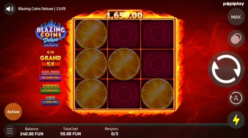 Blazing Coins Deluxe екран за играње при повторно вртење