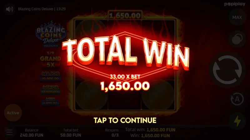 Blazing Coins Deluxe вкупна добивка при повторно вртење